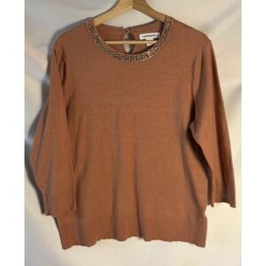 Liz Claiborne Beaded Neckline Classic Crew Neck Sweater Terracotta Coral Size L